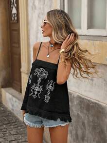 Brillora Women's Vacation Casual Retro Embroidered Camisole - Black - View 4