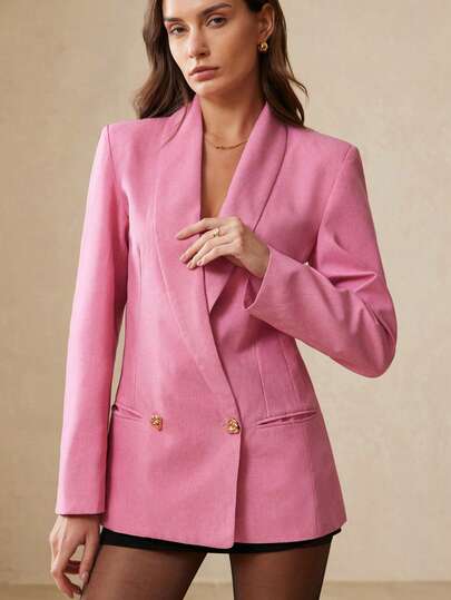 Aveloria Rosie High-Quality Dual-Color Blended Twill Craftsmanship, Pink Tone, Modern Fashion Style, Exaggerated Curved Waist And Hip Fitted Silhouette, Wide Lapel Design, Long Sleeve Element, Double-Breasted Button Decoration, Tailored Fit, Premium Blended Fabric With Refined Metal Buttons. Suitable For Fashionable Commuting, Meetings, Formal Occasions, Urban Commuting, Fashionable Gatherings, Outerwear, Elegant Date Scenes, Fashionable Design Elegant Versatile Casual Commuting Herringbone Wool Suit Jacket
