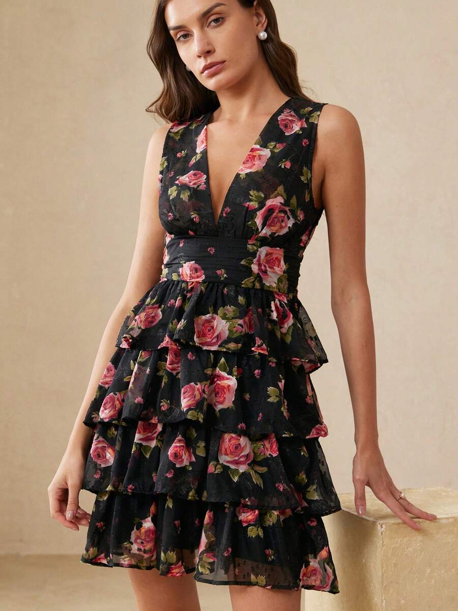 BELROSIE Black And Pink Background Rose Flower Layered Jacquard Silhouette V-Neck Sleeveless Elegant Dress Garden Party Summer - Multicolor - View 1