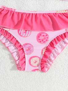 Young Girl Donut Print Frill Trim Bikini Set,Summer Beach Holiday Kids High Waist Ruffled 2 Pcs Bathing Suit,Toddler Girls Two Pieces Swimwear Set - Hot Pink - View 5