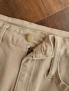 Elamini Jupe mini en jean moulante avec ceinture à œillets et boucle, style décontracté, quotidien et de rue. Couleur unie minimaliste, pour l'été - Kaki - Voir 7