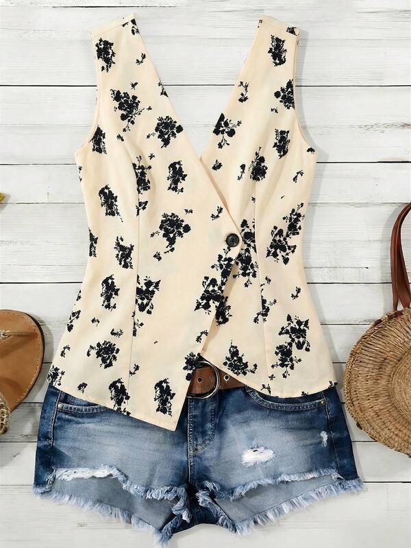 Lyxana Criss-Cross Wrap Sleeveless Allover Print Elegant Summer Tank Top
