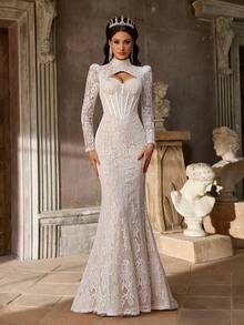Aureia Elegant Lace Mermaid Wedding Dress With Stand Collar, Ruffled Hem, Sheer Lace Details, And Long Train - White - View 1