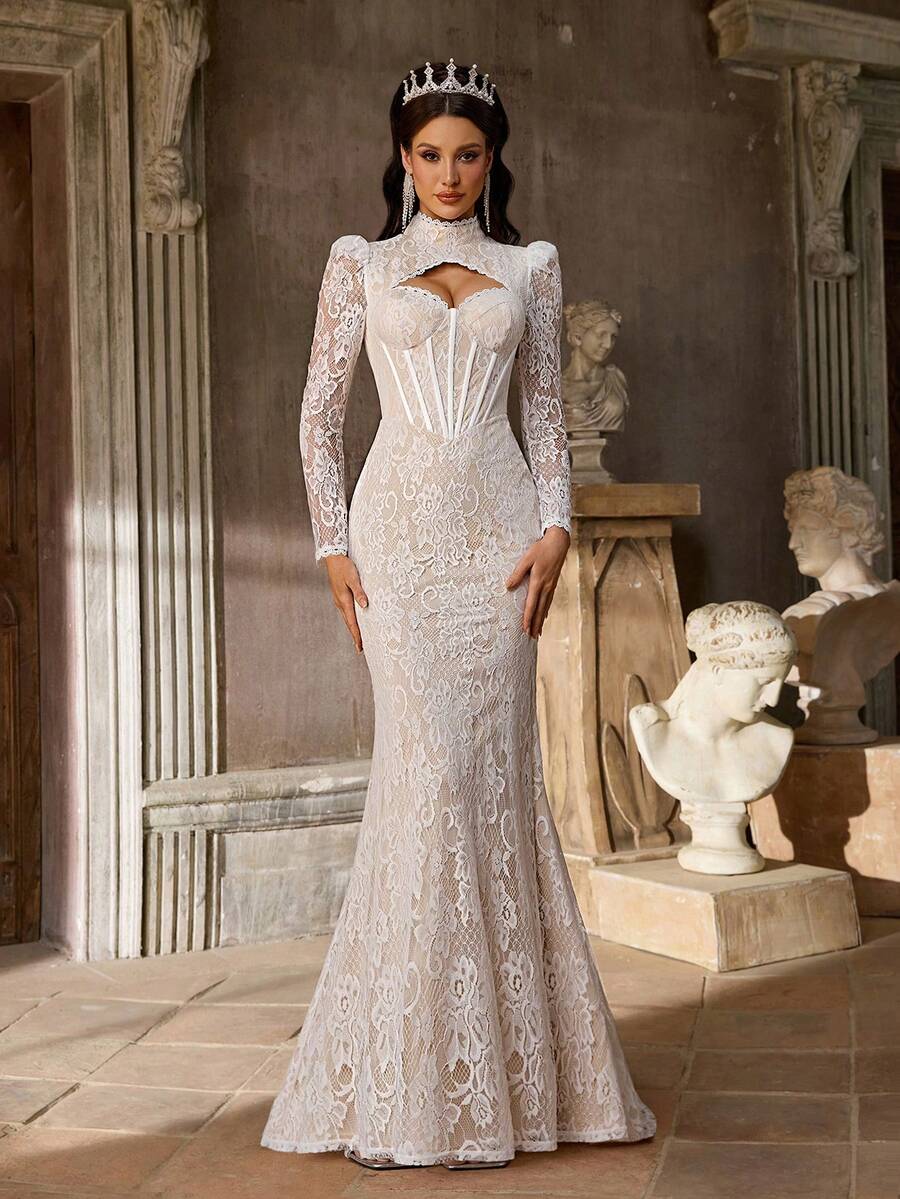 Aureia Elegant Lace Mermaid Wedding Dress With Stand Collar, Ruffled Hem, Sheer Lace Details, And Long Train - White - View 1