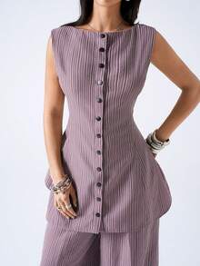 LYSMO 2026 New Arrive Minimalism Spring/Summer Women's Striped Square Neck Collar Vest And Wide Leg Pants Casual Suit Set - Burgundy - View 7