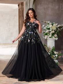 Aureia Đầm cỡ lớn thanh lịch, lãng mạn, sang trọng màu đen đính cườm, thêu ren, phối lưới, cổ tròn, tay phồng xuyên thấu, thiết kế hoa văn thủ công tinh tế, chân váy rộng, thích hợp cho tiệc tối, tiệc độc thân, hẹn hò, dạ hội, lễ tốt nghiệp, đám cưới, trang phục trang trọng (Thêu cầu kỳ) - màu đen - Xem 5