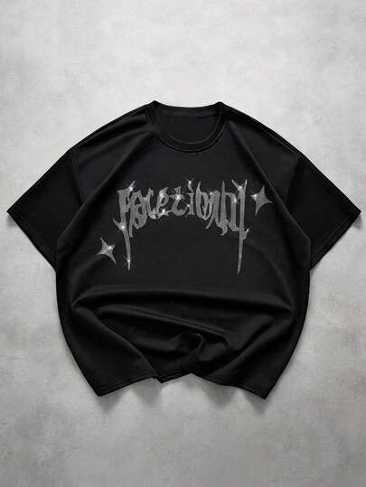 PAVTROS 男士水钻字母印花黑色圆领短袖T恤，男士哥特字体英文烫钻街头风T恤，情人节、春夏、送男友礼物、狂欢节、复古、街头服饰、派对、圣帕特里克节、外出