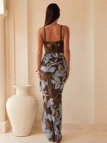Swim Oasis Spring/Summer 2-Piece Set: Solid Color Removable Padded Thick Strap High Cut One-Piece Swimsuit & Long Printed Mesh Skirt Premium Set - Coffee Brown - View 4