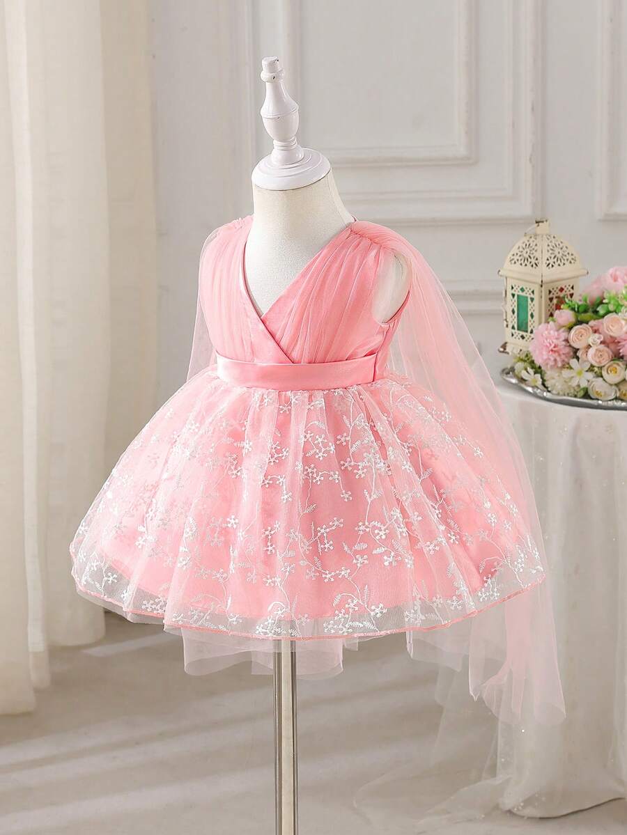 Glamorique Kids 女婴香槟色刺绣薄纱连衣裙,配披肩,公主风正式礼服,适合婚礼、派对、生日、晚宴等场合。女婴公主裙,刺绣女婴连衣裙,女婴派对连衣裙,女婴连衣裙,粉色女婴连衣裙,公主裙,女婴连衣裙,女婴婚纱 - 粉色 - 查看 1