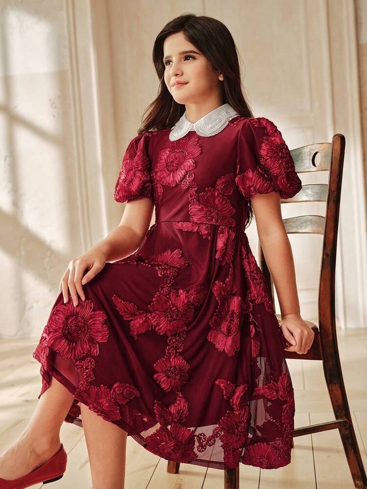 Spring/Summer New Arrival Elegant & Cute Party Dress For Girls, Red Color, Peter Pan Collar, Embroidered Hibiscus Flower, Puff Sleeves, Waist Cinched A-Line Hem, Short Length