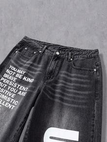 Manfinity EMRG Young Street Style Washed Straight Loose Fit Letter Slogan Print Jeans, Spring/Summer - Black - View 4