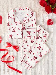 Cute & Bowknot And Heart Print Girls Long Sleeve Cardigan With Loose Pants 2 Pieces Pajama Set - Apricot - View 1