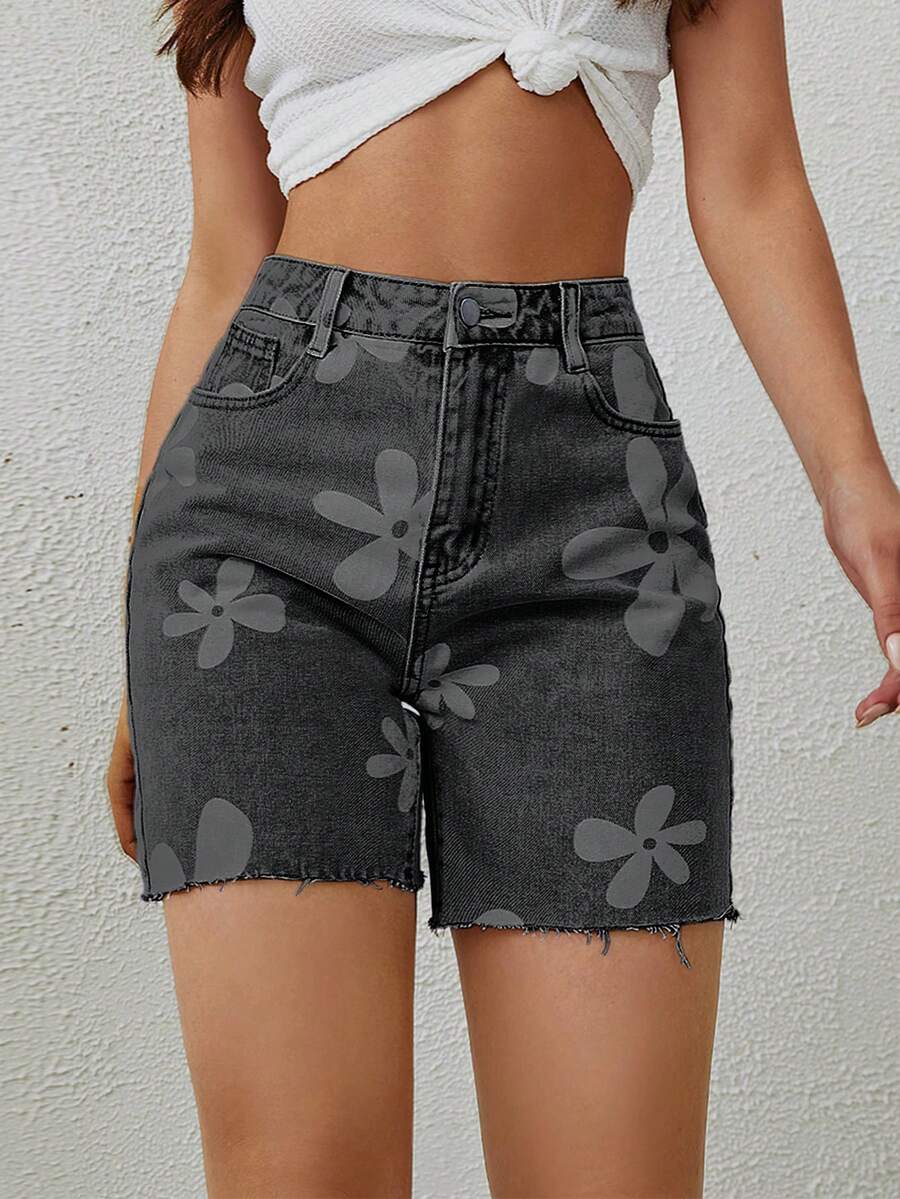 Rivivi Women's High Waist Floral Print Frayed Hem Denim Shorts - Dark Grey - View 1