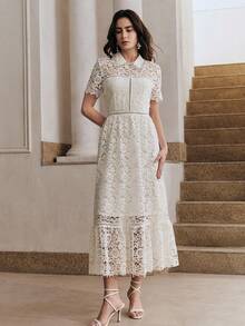 Anewsta Đầm nữ tay ngắn cổ bẻ đính đá lấp lánh, thiết kế dây xích, chất liệu voan mỏng, in hoa, thích hợp cho mùa xuân, hè, các dịp trang trọng, Lễ tình nhân, lễ hội, tiệc tùng, đính sequin, đám cưới. - Trắng ngà - Xem 5