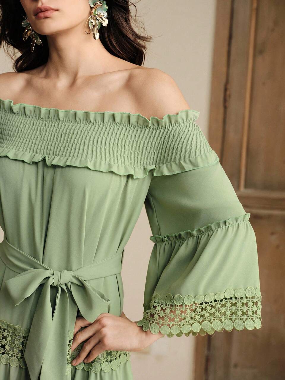 Anewsta Women's Off-Shoulder Floral Embroidered Waist Elegant Dress,Boho Sage Green Flowing Dresses For Autumn Garden Party Holiday