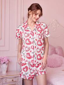 Bonmuse 两件套情人节爱心蝴蝶结休闲女士睡衣套装，包括翻领纽扣短袖上衣和松紧腰短裤，优雅女士家居服。 - 粉色 - 查看 4