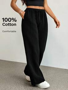 SHEIN Tall Quần ống rộng dáng suông, màu trơn, thắt eo, chất liệu 100% cotton, thích hợp mặc thường ngày, dành cho nữ. - màu đen - Xem 4