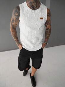 SLATEMANN 男士夏季字母压花圆领休闲百搭背心 男士白色图案背心 男士图案背心 - 白色 - 查看 6