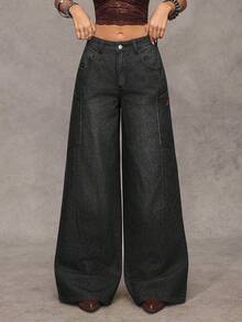 Jeanoix Quần jeans nữ màu đen thêu họa tiết, kiểu dáng rộng rãi, thoải mái, phong cách đường phố. - màu đen - Xem 1