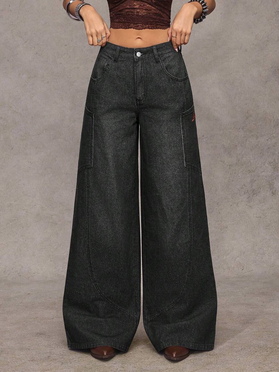 Jeanoix Quần jeans nữ màu đen thêu họa tiết, kiểu dáng rộng rãi, thoải mái, phong cách đường phố. - màu đen - Xem 1