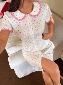 Dream Adore Áo ngủ nữ tay ngắn in hình trái tim, kiểu dáng mở phía trước. - Hồng - Xem 4