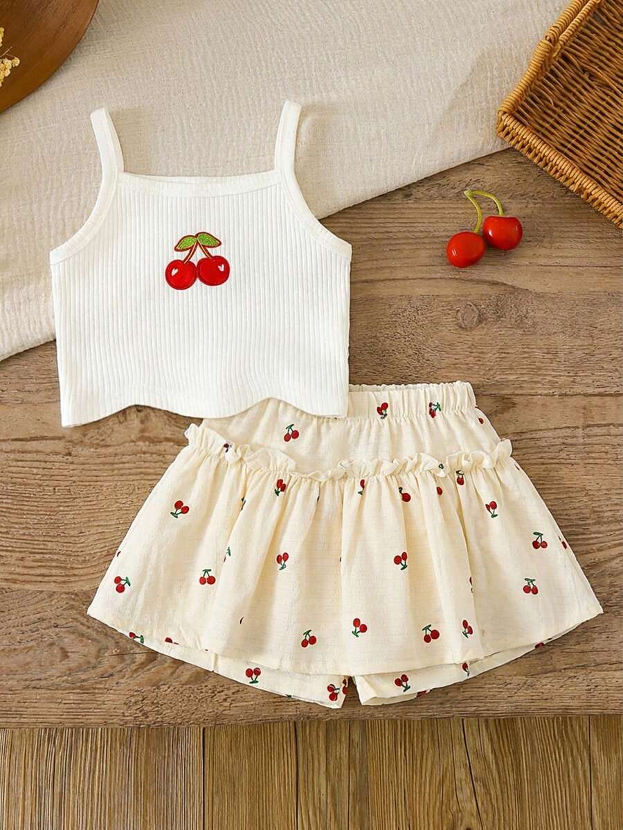 SHEIN LMoss Kids 2pcs Young Girl Knitted Solid Color Cherry Graphic Camisole And Shorts Set - White - View 1