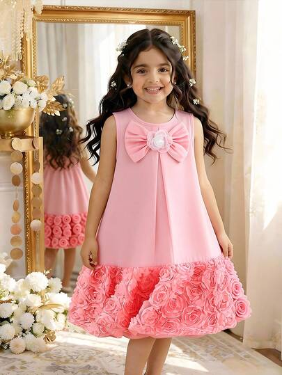 Girls (Small) Pink Sleeveless Big Bow Mesh Dress With 3D Floral Hem, Elegant And Graceful Summer Party Dress For Girls