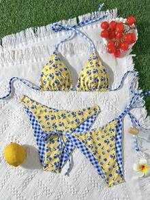 Swim Mod 3件套女士碎花吊带比基尼套装+沙滩裙，甜美度假成熟复古浪漫优雅风格，夏季海滩泳池派对 - 黃色 - 查看 4