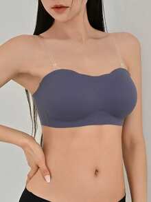 DAZY Removable Transparent Strap Bandeau Bra Wireless - Dusty Blue - View 3