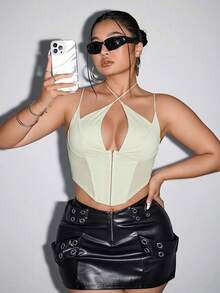 SHEIN ICON 黑色钩扣网眼拼接露脐吊带背心式紧身胸衣 - 杏色 - 查看 6