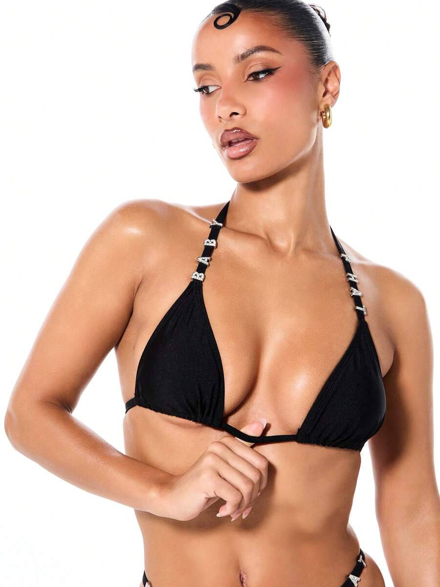 BABYPHAT Women's Triangle Bikini Top With Rhinestone Detail Straps Halter Neck Swimwear Summer Beach Vacation - Black - View 1