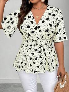 Elenzga 大码女式心形图案V领喇叭袖蝴蝶袖腰部可调节下摆修身衬衫 V领女式衬衫 可爱女式衬衫 裹身女式上衣 短袖波点女式衬衫 短袖波点女式衬衫 短袖女式衬衫 - 杏色 - 查看 3