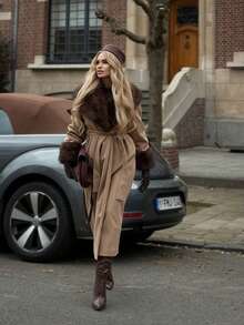 FLORETTA ÉLENA 女士休闲宽松长款驼色大衣，带人造毛领，冬季外套 - 駝色 - 查看 2