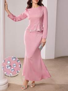 Modelyn 女士法式高端粉色长袖上衣，腰部收紧，搭配鱼尾裙摆两件套 - 藕粉色 - 查看 5