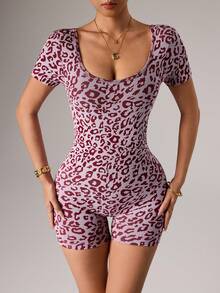 Dewbera Seamless Leopard Print Backless Women Sports Jumpsuit - Red and White - View 3