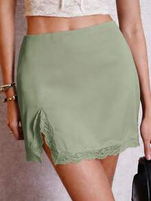 Lavishia 缎面撞色蕾丝边开衩性感优雅修身女裙 - 橄欖綠 - 查看 5