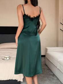 DAZY Green Lustrous Satin Contrast Lace Hem Slit Cami Waist Women Nightgown - Dark Green - View 2