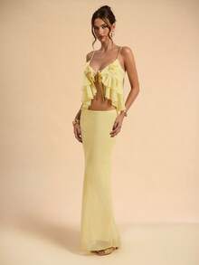 SHEIN BAE 2pcs/Set Women's Solid Yellow Backless Tie Strap Ruffle Camisole Top & Low Waist Skirt, Textured Pleated Beach Resort Outfit, Summer Yellow Set - Light Yellow - View 6