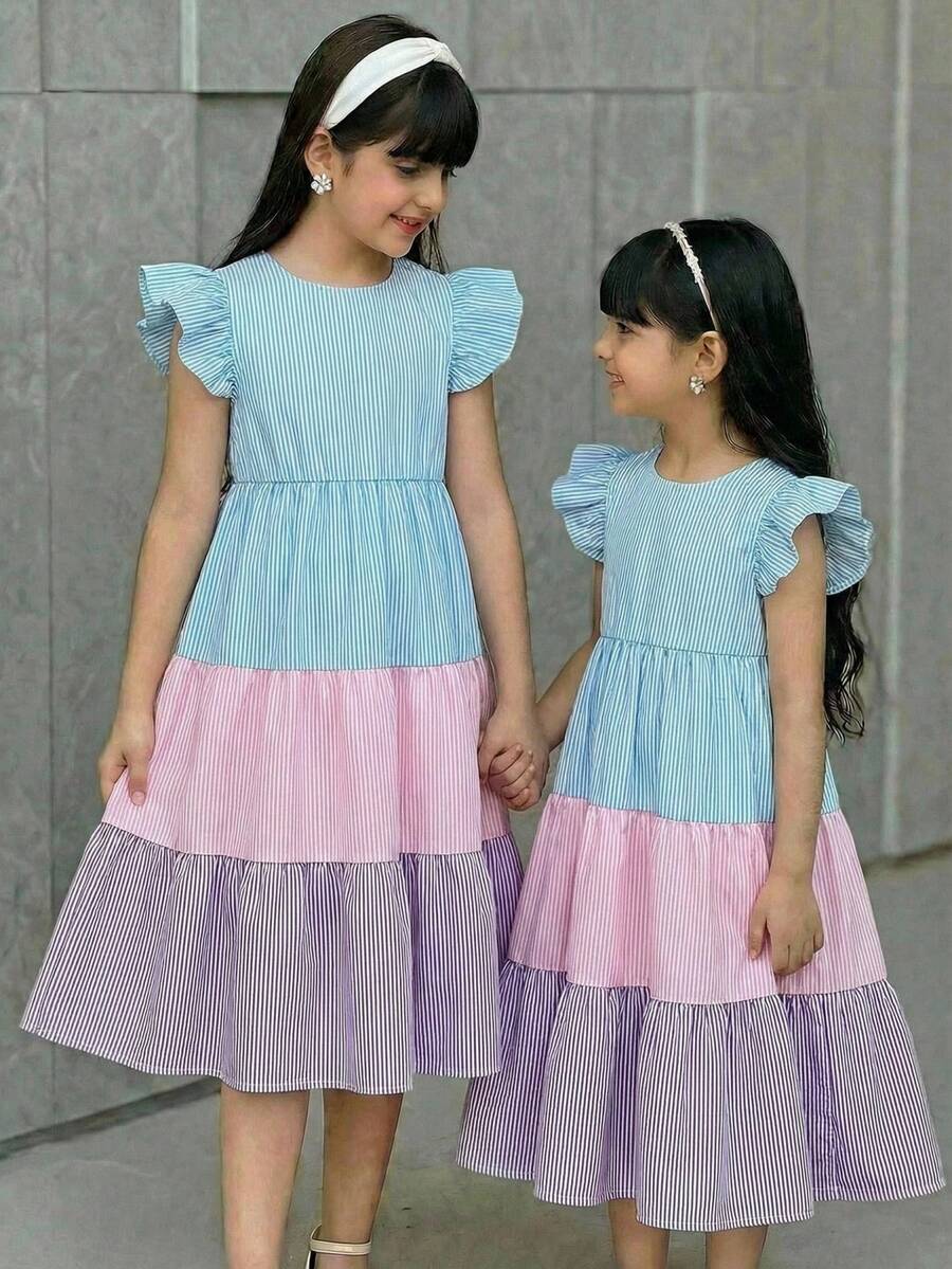 SHEIN Young Girl Woven Striped Contrast Color Round Neck Ruffle Hem Casual Dress - Multicolor - View 1