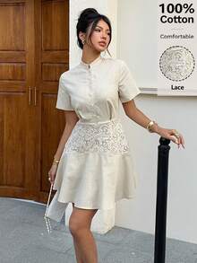 Siren Gaze Đầm ngắn cổ đứng bằng vải lanh mùa hè mới, đầm đi nghỉ mát thường ngày cho nữ, đầm phối ren, đầm đi biển, đầm ngắn bằng cotton, đầm dự tiệc cưới, đầm cotton cài cúc phía trước, đầm phối ren, đầm cổ tàu, đầm màu kem cho nữ, đầm tay ngắn cho nữ - Màu be - Xem 6