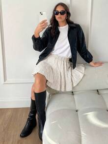 Siren Gaze 女士黑色荷叶边迷你裙，高腰百褶裙，性感迷你裙。返校节短裙，秋季，迷你裙，音乐会。 - 杏色 - 查看 5