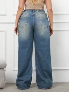 Jeans de pierna ancha con detalles de cinturón de 100% algodón de talla grande - Azul lavado medio - Ver 2