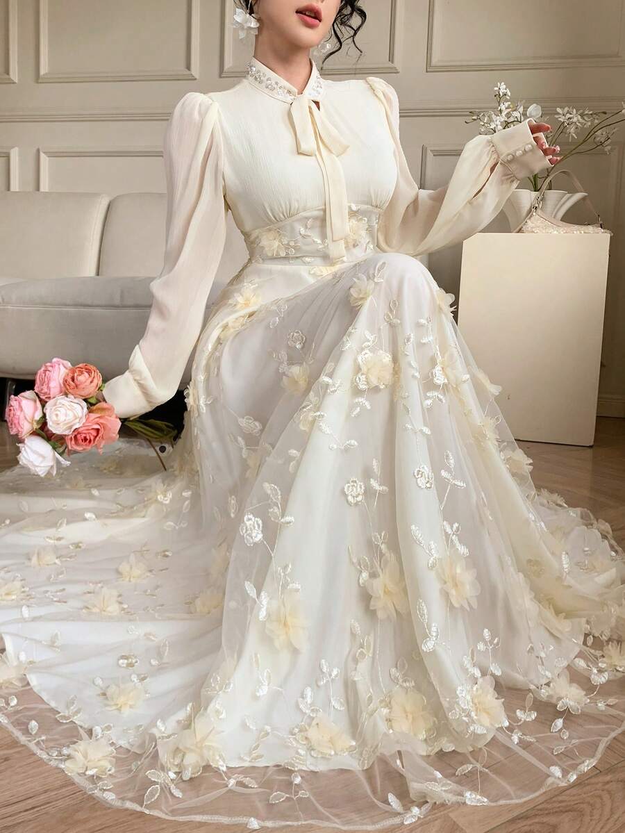 DAZY 春夏水钻亮片白色衬衫式西装裙,欧根纱花卉刺绣喇叭裙摆,优雅正式礼服,适合情人节、婚礼、派对等场合,长袖收腰中长连衣裙,通勤休闲连衣裙 - 米色 - 查看 1