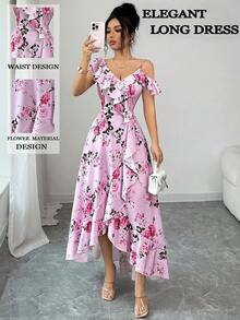 Elenzga 女士春夏新款浪漫复古宫廷风海滩度假氛围套装，适合日常聚会、约会派对，花卉印花，斜领荷叶边不规则下摆设计，粉色长款连衣裙 - 粉色 - 查看 1