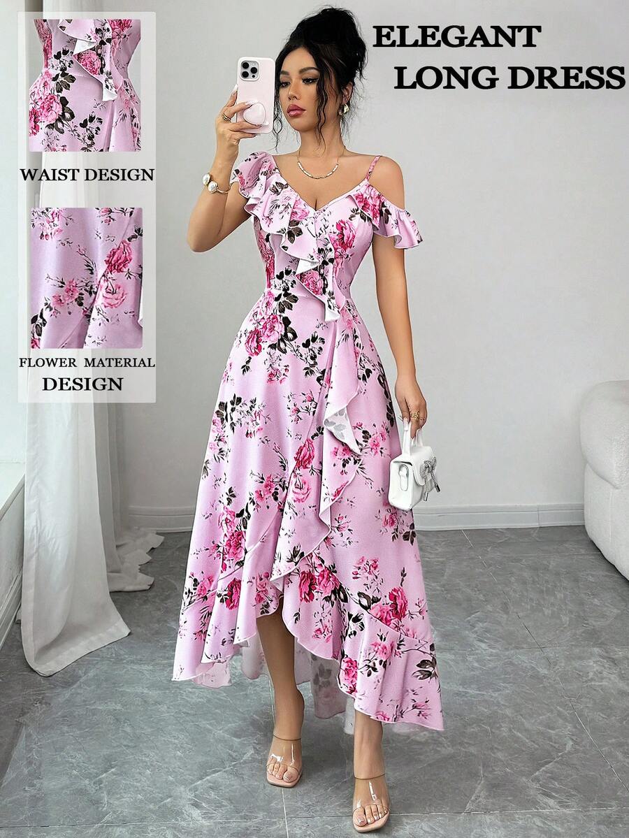 Elenzga 女士春夏新款浪漫复古宫廷风海滩度假氛围套装，适合日常聚会、约会派对，花卉印花，斜领荷叶边不规则下摆设计，粉色长款连衣裙 - 粉色 - 查看 1