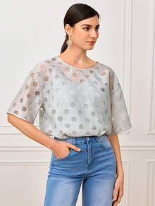 LOTSLUV 女士优雅春夏两件套：宽松灰色圆领短袖上衣，饰有半透明灰色波点图案，搭配灰色吊带背心 - 灰色 - 查看 4