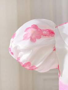 Glamorique Kids Petal Puff Sleeve Ruffle Princess Dress With Floral Decor,Sweet Puffy Pink Party Dress - Pink - View 6