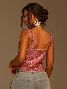 Athîral Women's Sequin V-Neck Cropped Top, Fashionable For Party In Summer - Pink - View 5
