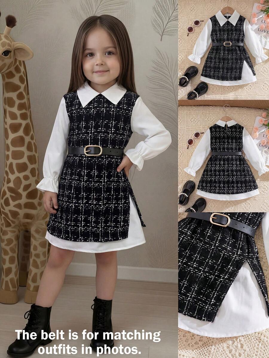 SHEIN 女童可爱撞色二合一长袖连衣裙，秋冬款 - 黑與白 - 查看 1