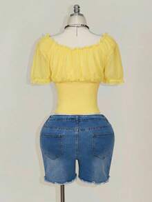 SHEIN ICON Plus Size Square Neck Ruffle Mesh Puff Sleeve T-Shirt, Sweet Summer Vacation T-Shirt - Pale Yellow - View 2